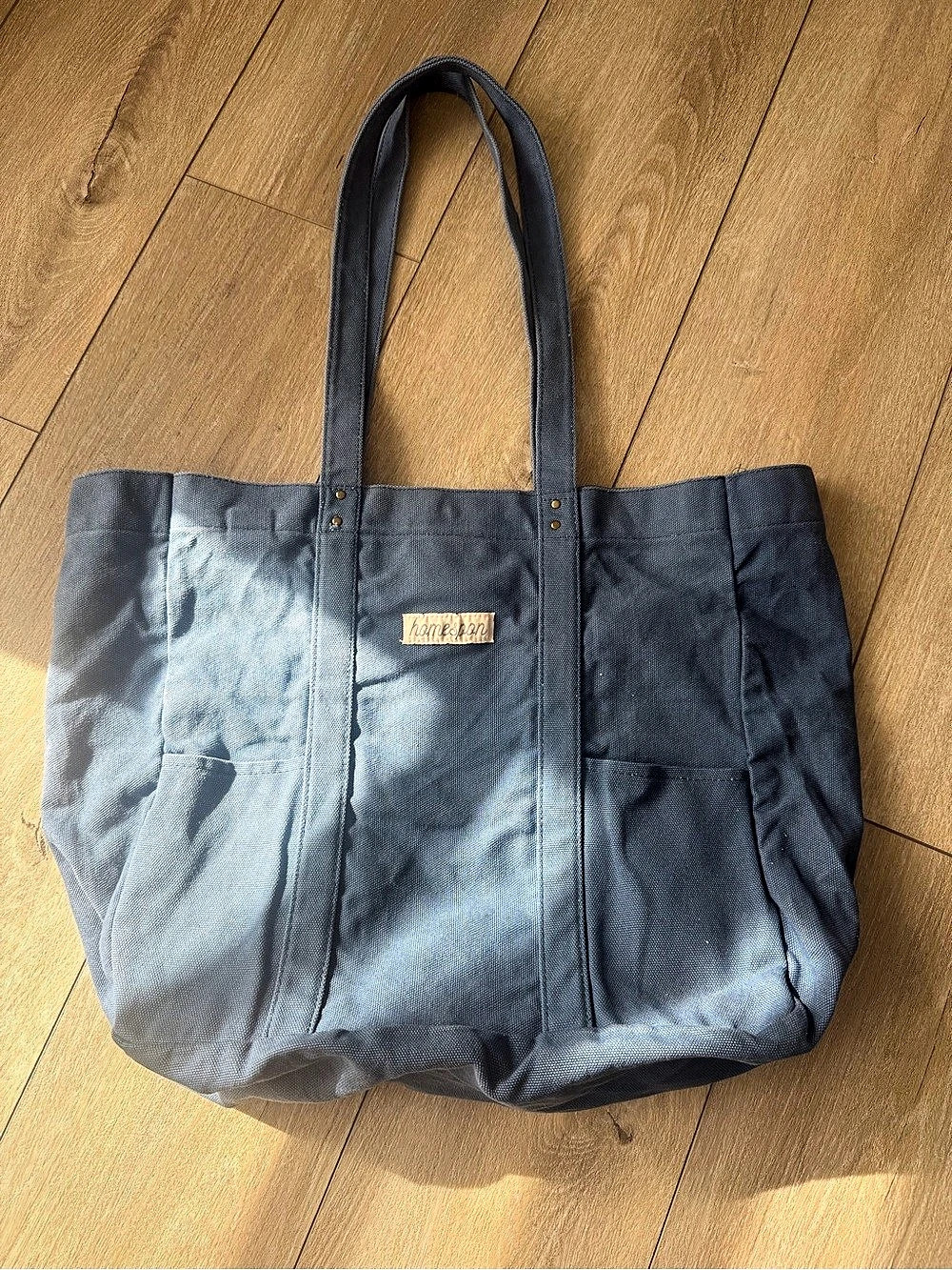 Homespun Blue Canvas Tote Bag Large Shoulder Bag Zip Top Multiple Pockets